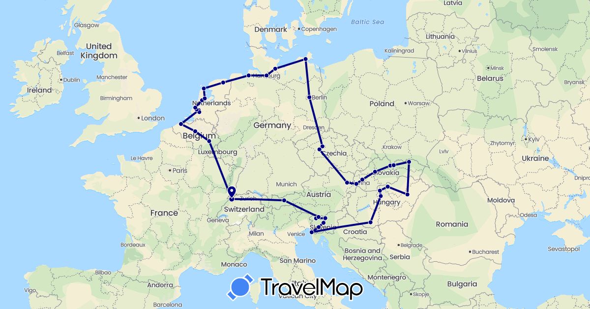 TravelMap itinerary: driving in Austria, Belgium, Switzerland, Czech Republic, Germany, Hungary, Netherlands, Slovenia, Slovakia (Europe)